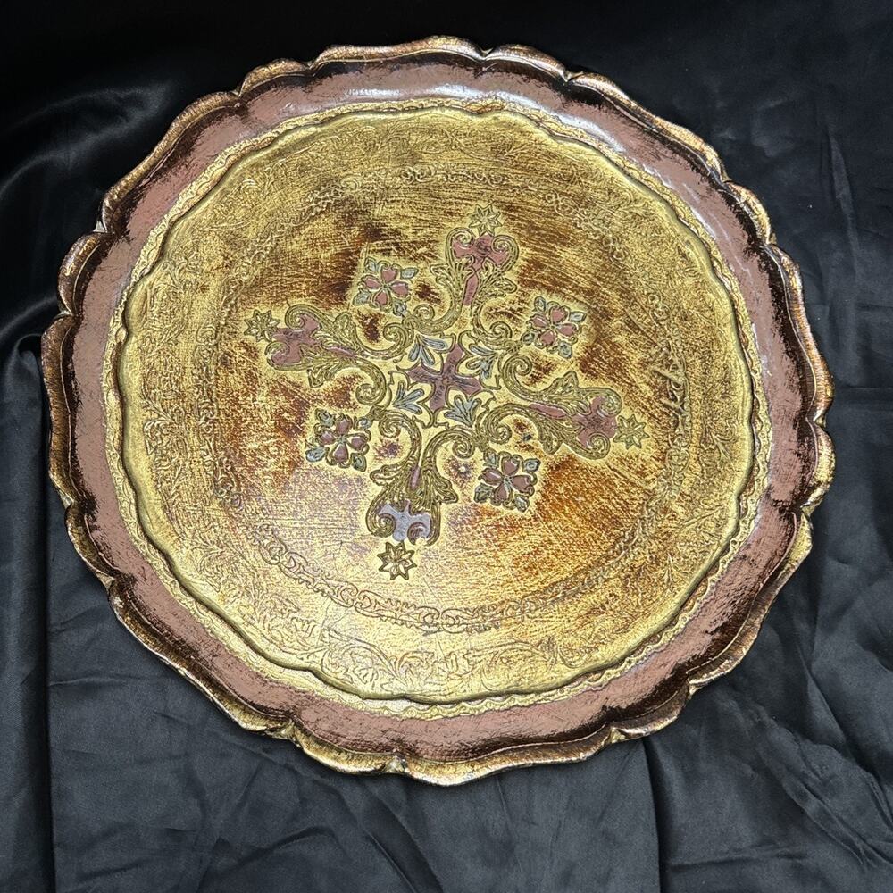 Vintage Gilded Florentine Round Tray Made in Italy 12” Hollywood Regency Pink